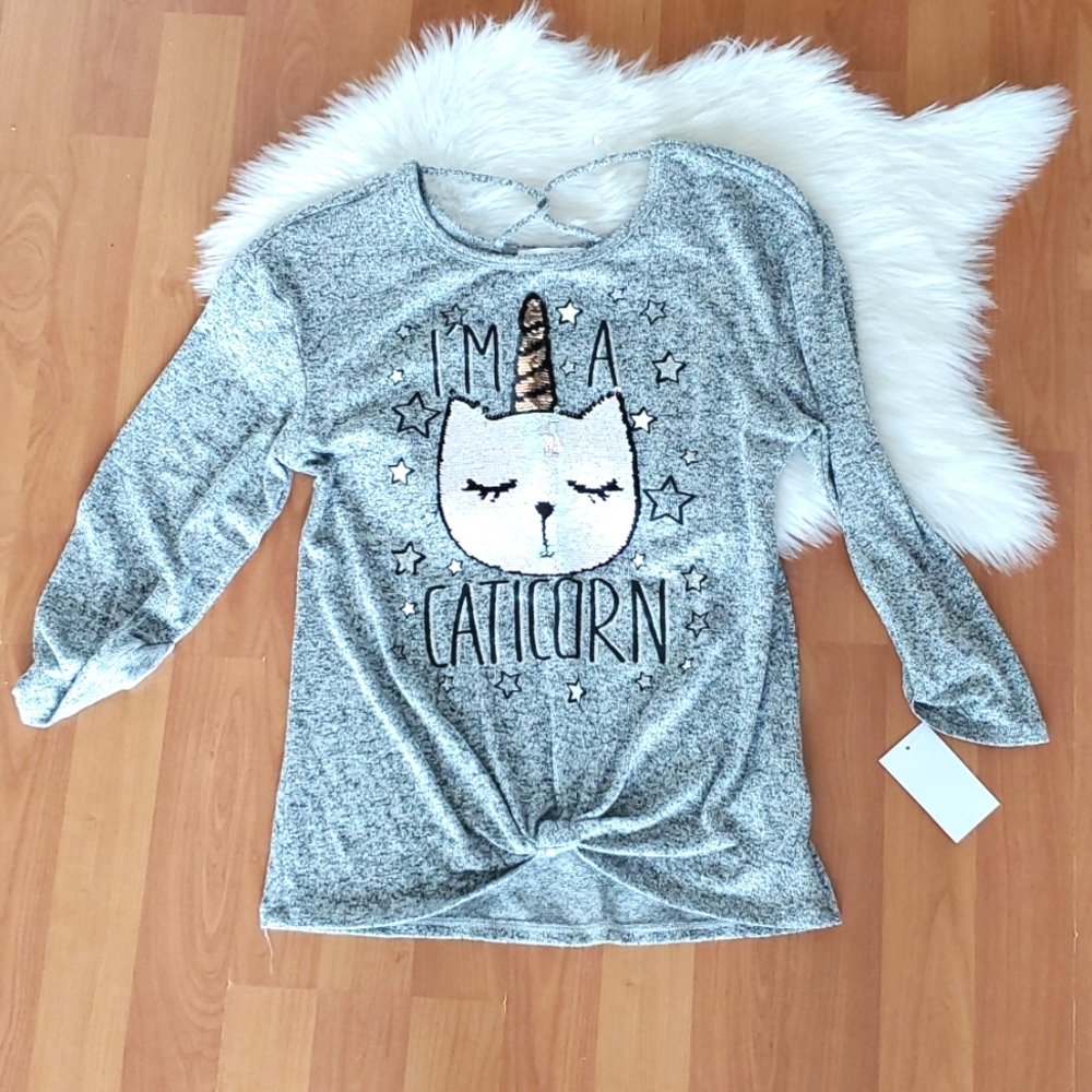 NWT Girls Im a Caticorn sequin gray shirt sz 14